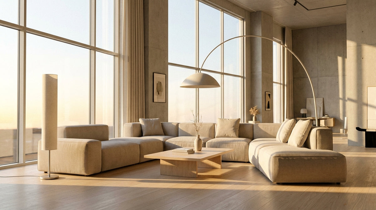 Lighting for an XXL living room: floor lamps and large volumes