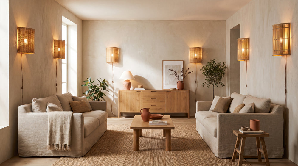 Wicker and bamboo wall lamps