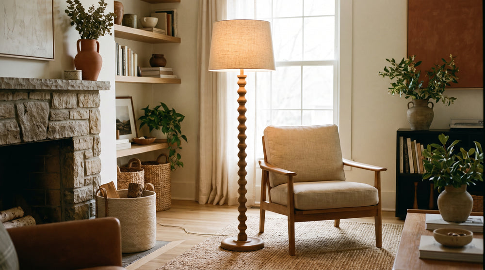 Linen and wood floor lamps