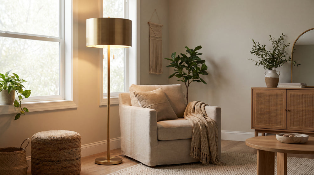 Gold-colored metal floor lamps