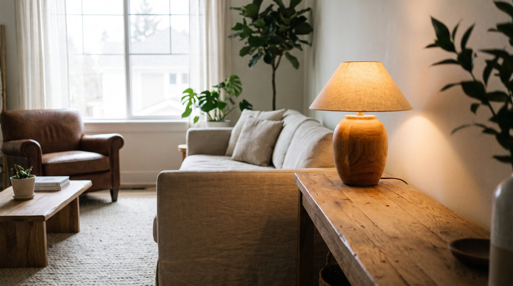 Beige wooden table lamps