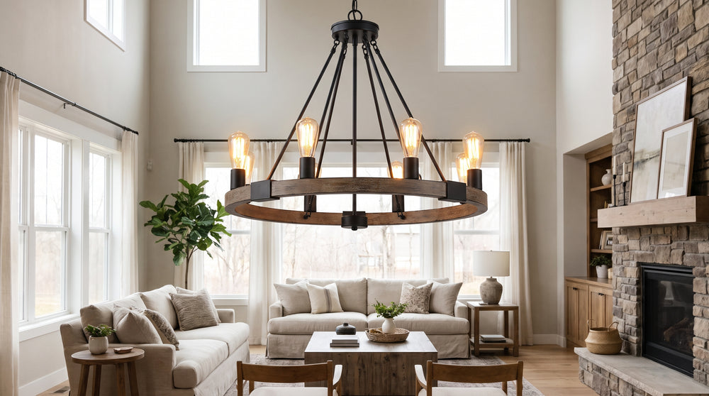 Industrial-style wood and metal chandeliers