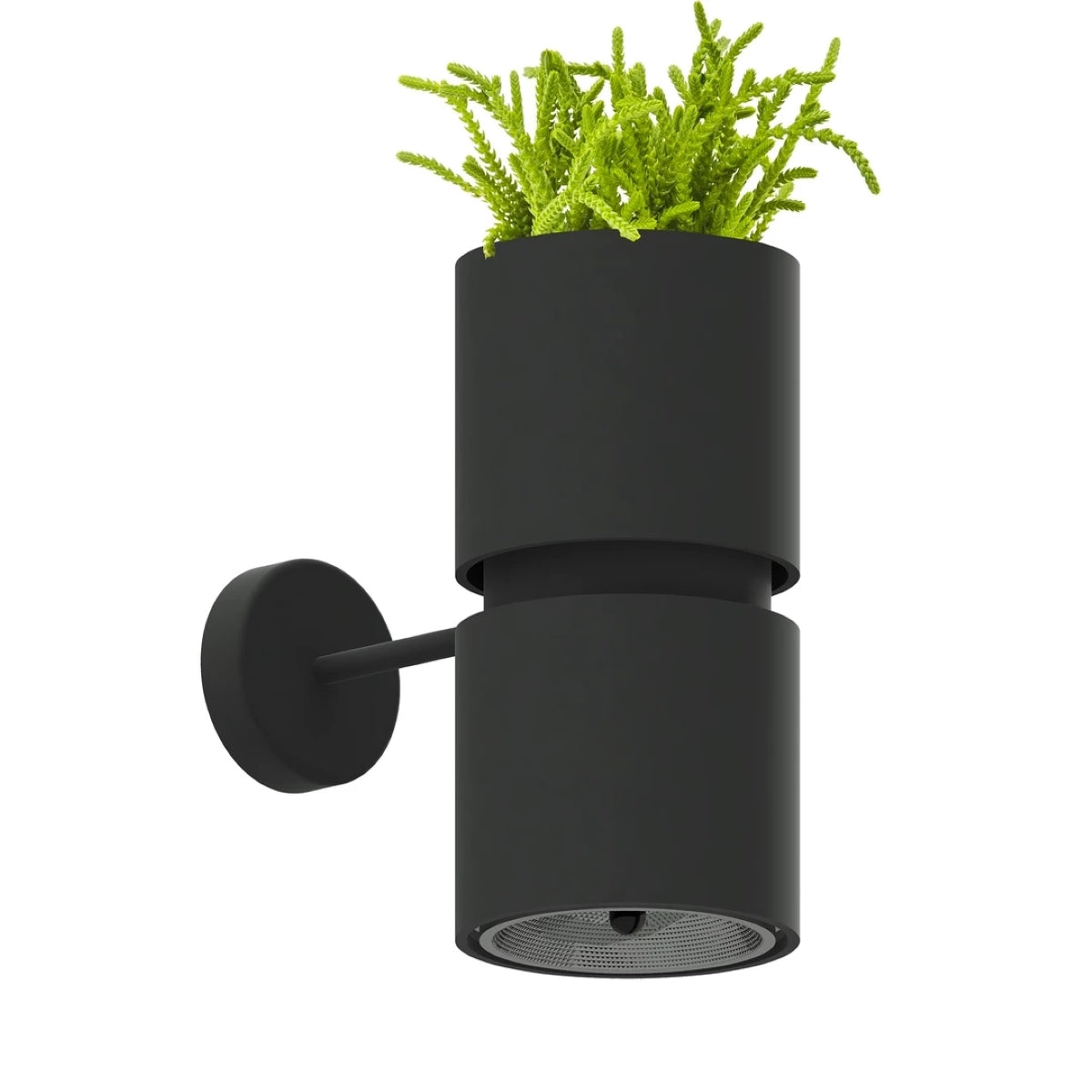 Applique murale noire cylindrique de face, plante verte artificielle posée dans le bac supérieur