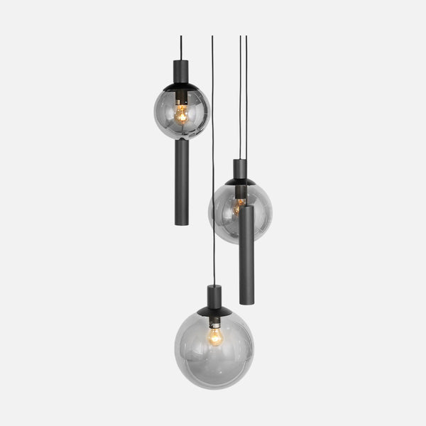 Smoked glass staircase pendant light, 3 globes + 2 spotlights, adjustable height | Bollique