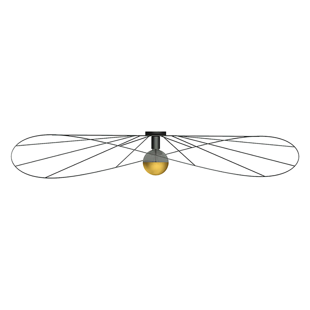 Luminaire vu de profil, structure filaire noire oblongue et ampoule dorée centrale