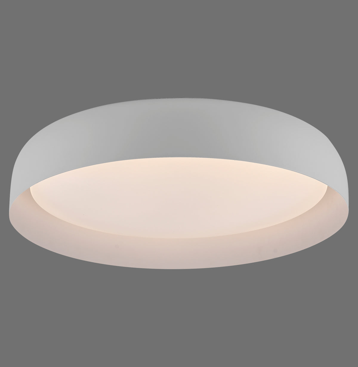 Plafonnier blanc rond allumé, vu de face sur fond gris uni