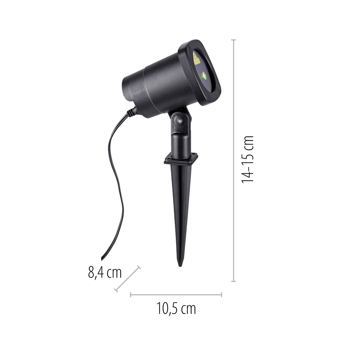 Schéma coté du projecteur hauteur 14-15 cm, largeur 10,5 cm, profondeur 8,4 cm.