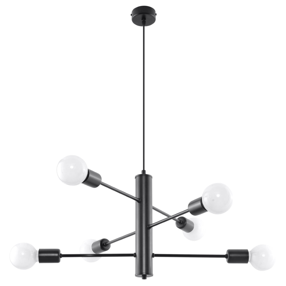 Lustre noir à six bras radiants terminés par des ampoules globes blanches, fond blanc.