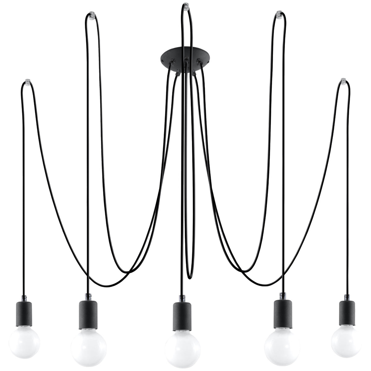 Vue de face du lustre cinq suspensions noires avec cordons bouclés et ampoules blanches.
