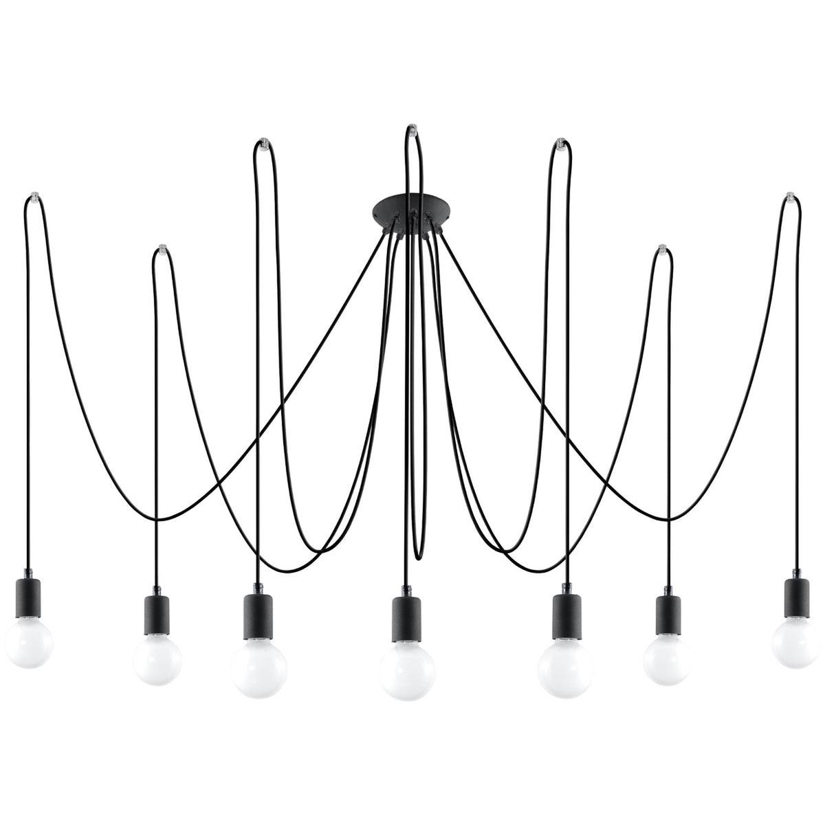 Lustre à sept suspensions noires, câbles tombants en vagues, ampoules globes opalines, fond blanc