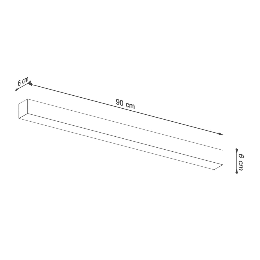 Schéma coté du luminaire indiquant 90 cm de longueur et 6 cm de largeur.