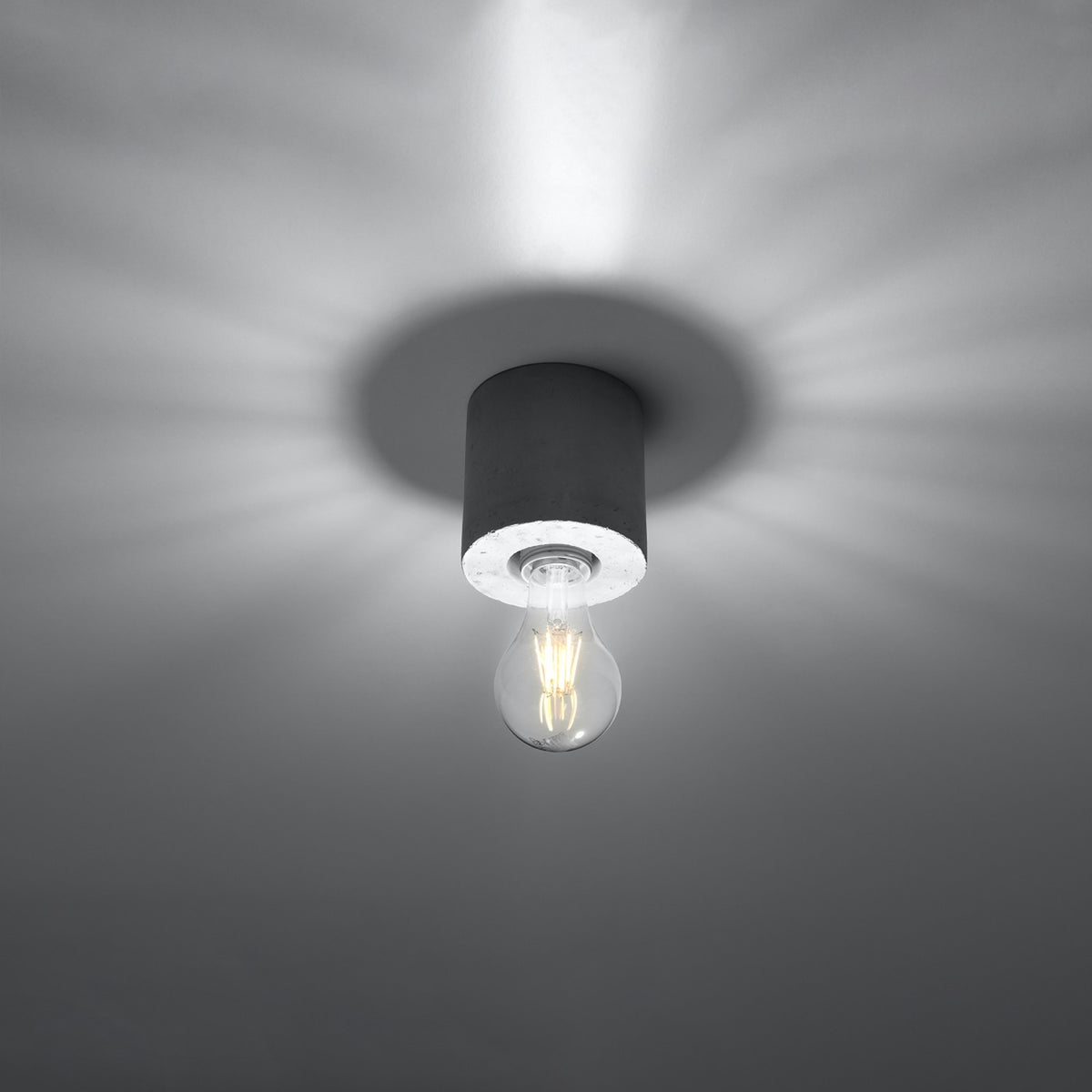 Plafonnier allumé sur plafond gris, ampoule à filament diffusant une lumière chaude.