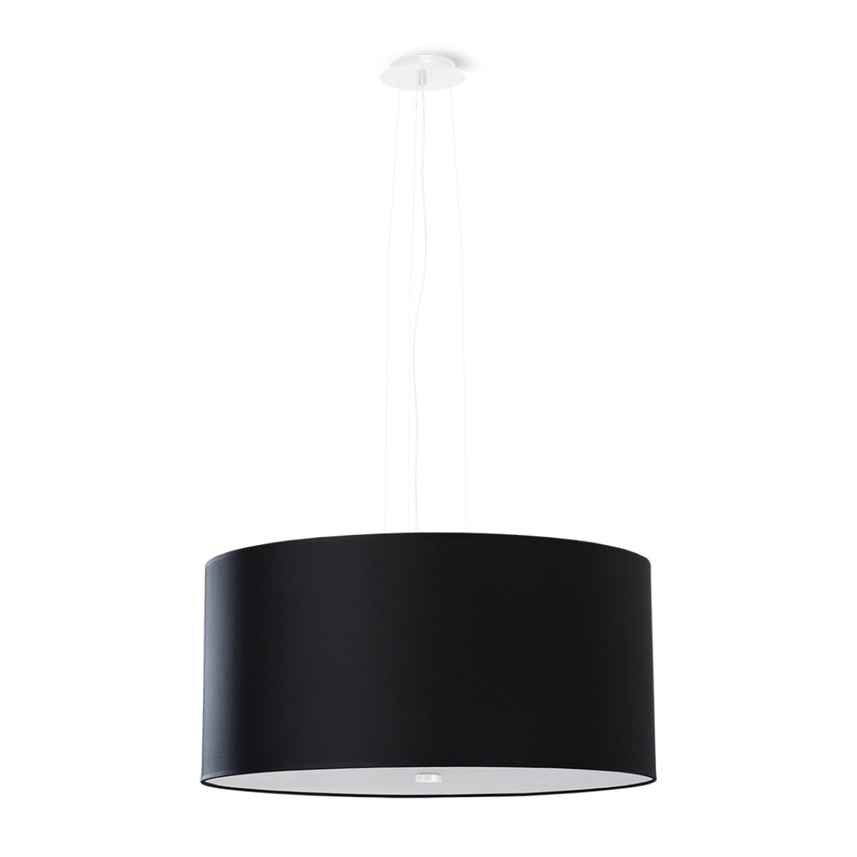 Luminaire suspendu noir vu de face sur fond blanc, abat-jour cylindrique et câbles fins