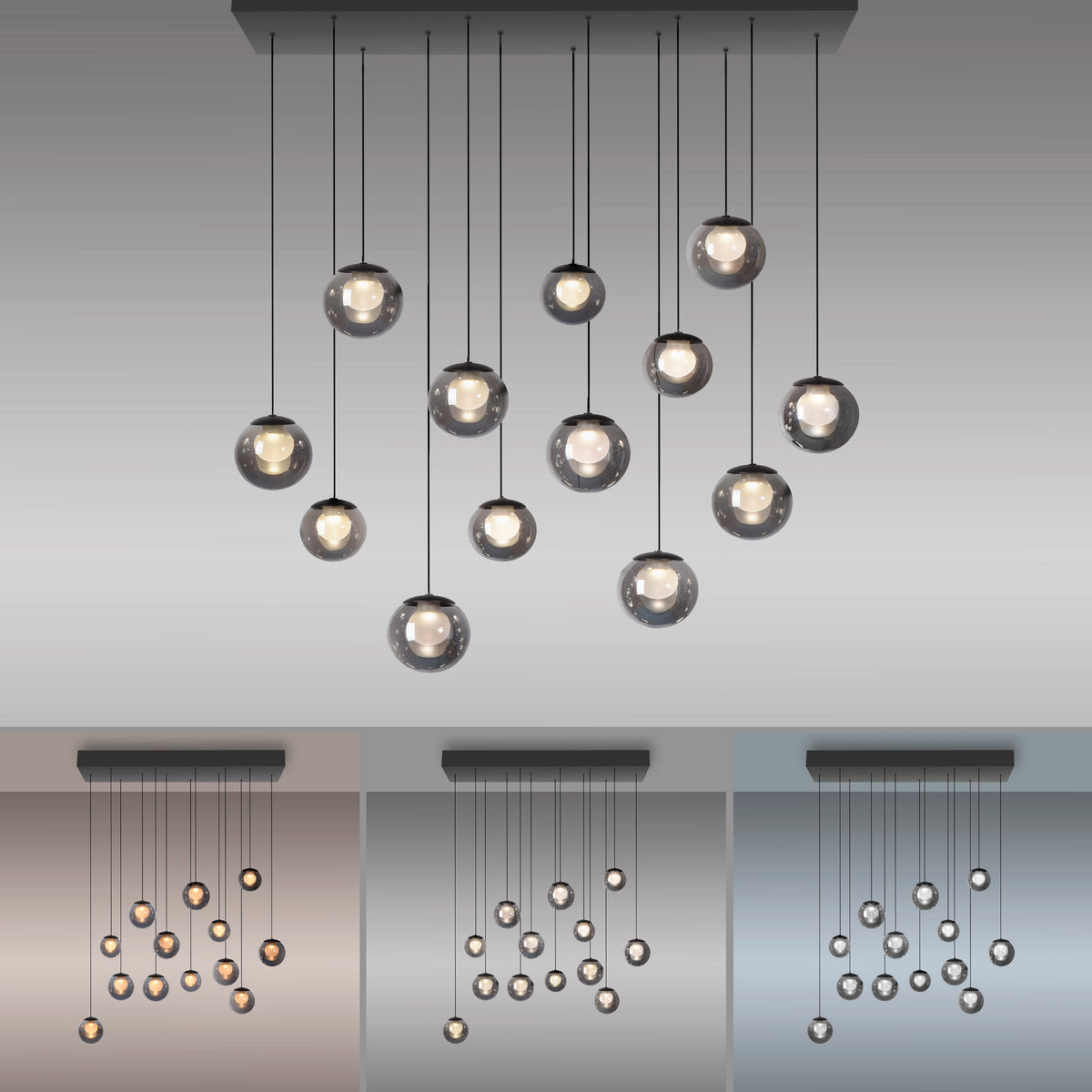 Trois vues comparant les ambiances lumineuses chaudes, neutres et froides du luminaire