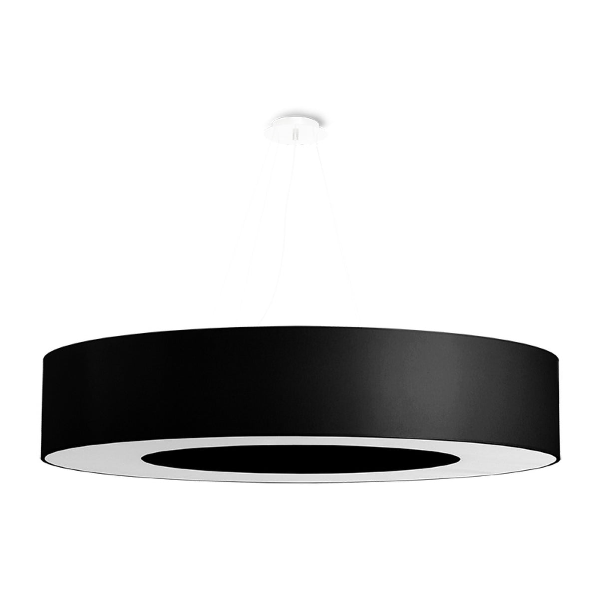 Lustre cylindrique noir vu de face sur fond blanc, sans câble apparent