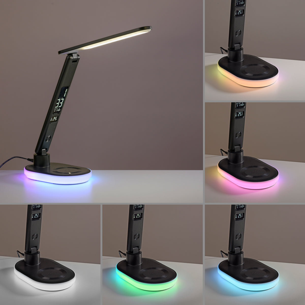 Planche de six vues montrant les variantes de couleur RGB du socle lumineux dans une pièce.