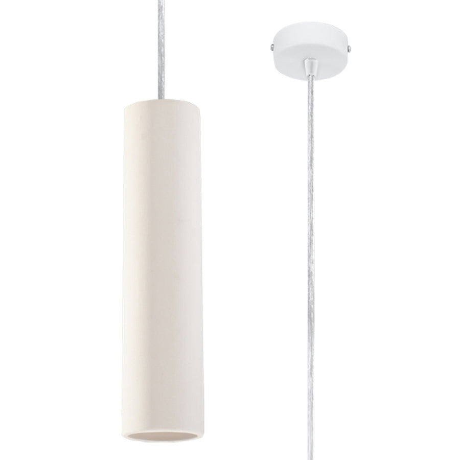 Vue de face du cylindre céramique beige suspendu à son câble textile blanc.