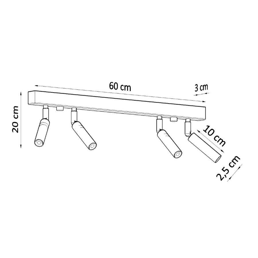 Schéma coté du plafonnier : 60 cm de long et 20 cm de haut