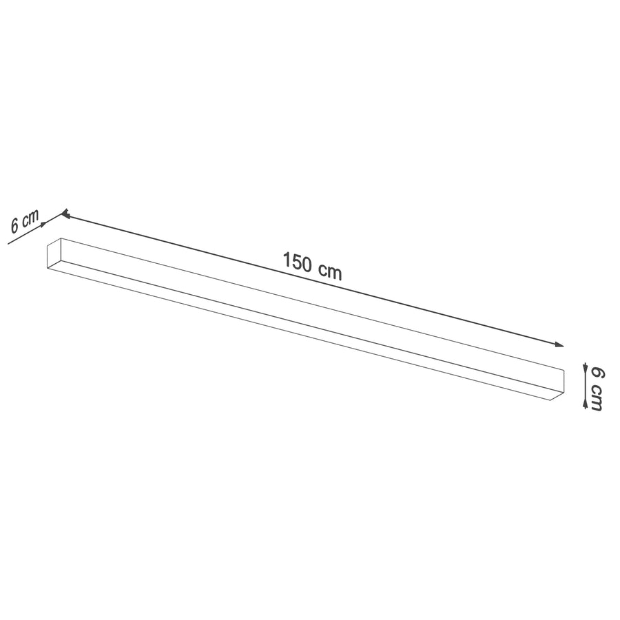 Schéma coté du luminaire : 150 cm de long, 6 cm de large et de haut