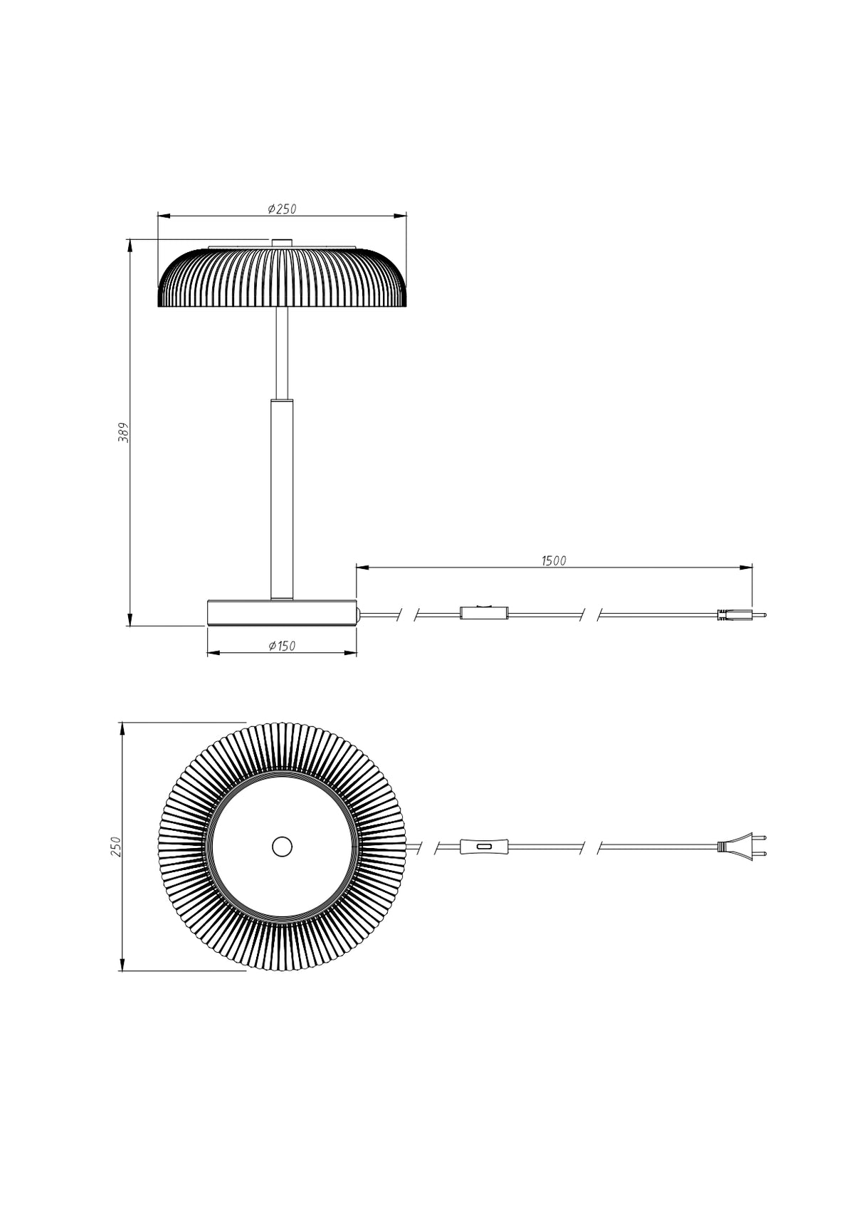 Schéma coté du luminaire avec dimensions du diffuseur, de la tige et du câble