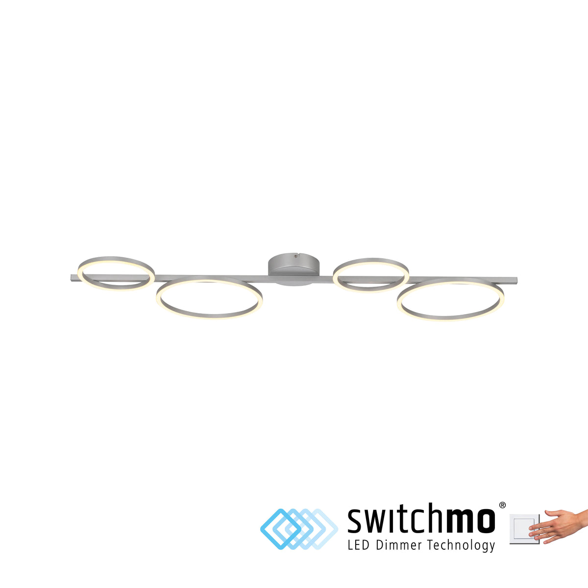 Vue de face du plafonnier argenté et mention de technologie LED dimmable
