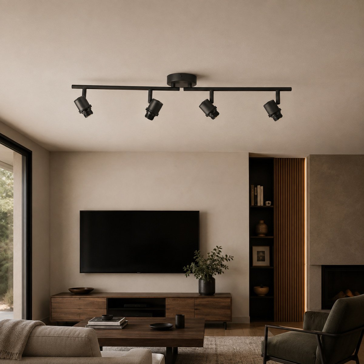 Mise en ambiance du plafonnier noir installé au plafond d’un salon moderne