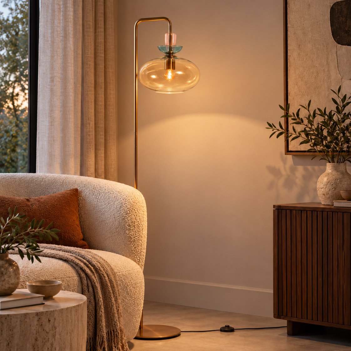 Mise en scène chaleureuse du lampadaire dans un salon avec fauteuil, plante et tableau.