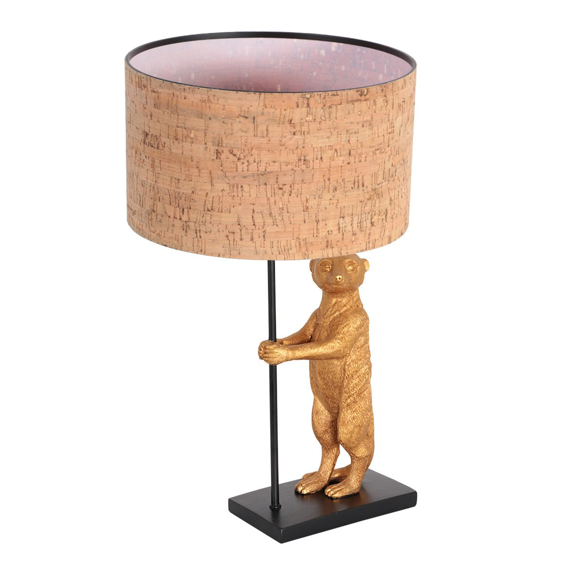 Lampe à poser vue de face avec animal doré et abat-jour cylindrique en liège.