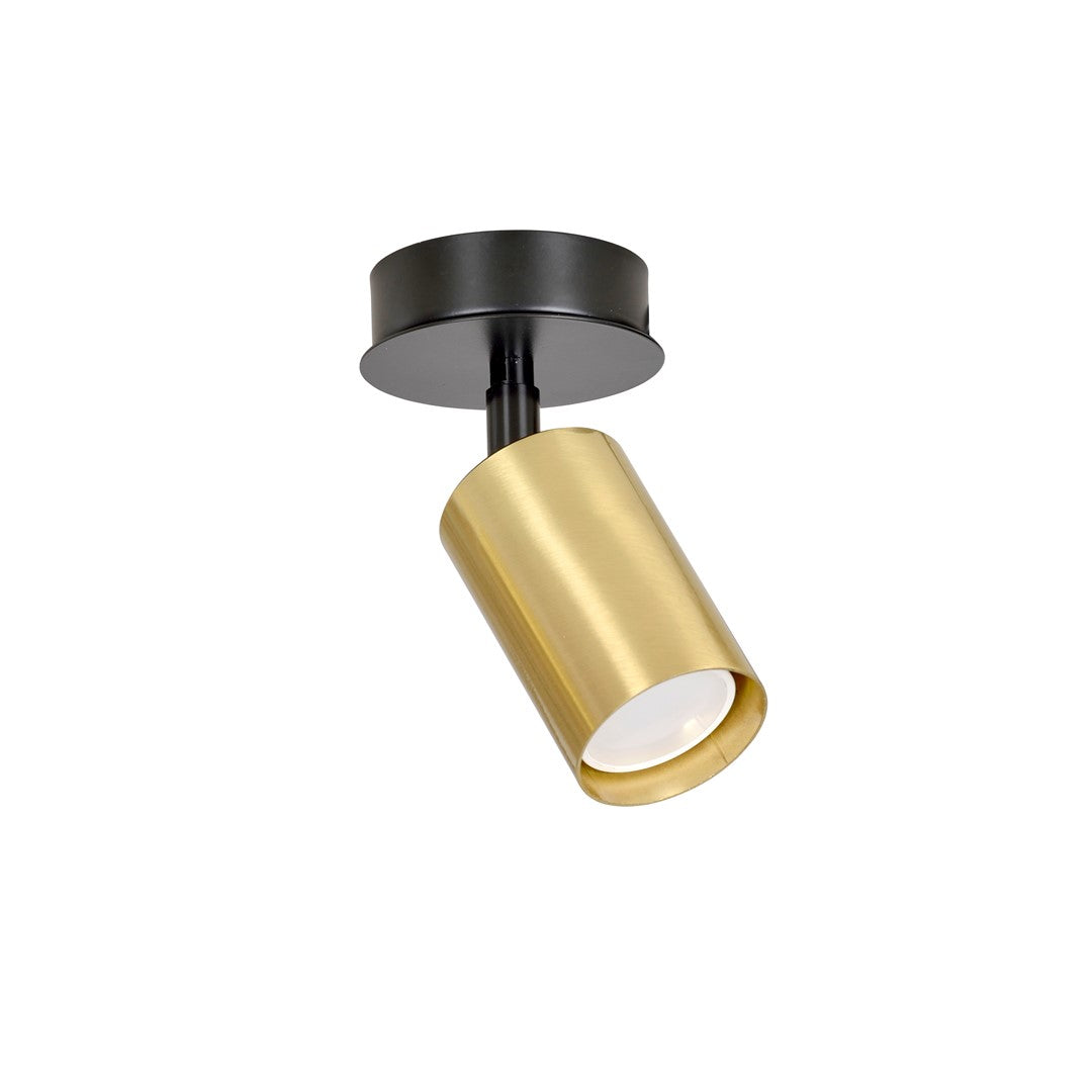 Vue produit du plafonnier orientable avec base noire et projecteur doré cylindrique incliné.
