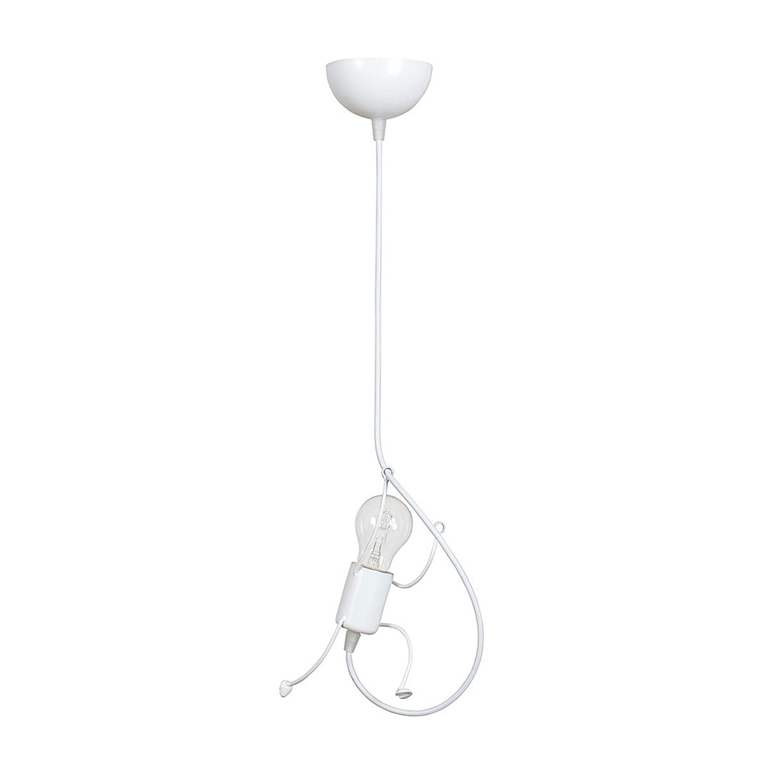 Suspension blanche avec câble, douille et fil métallique recourbé, ampoule visible sur fond blanc.