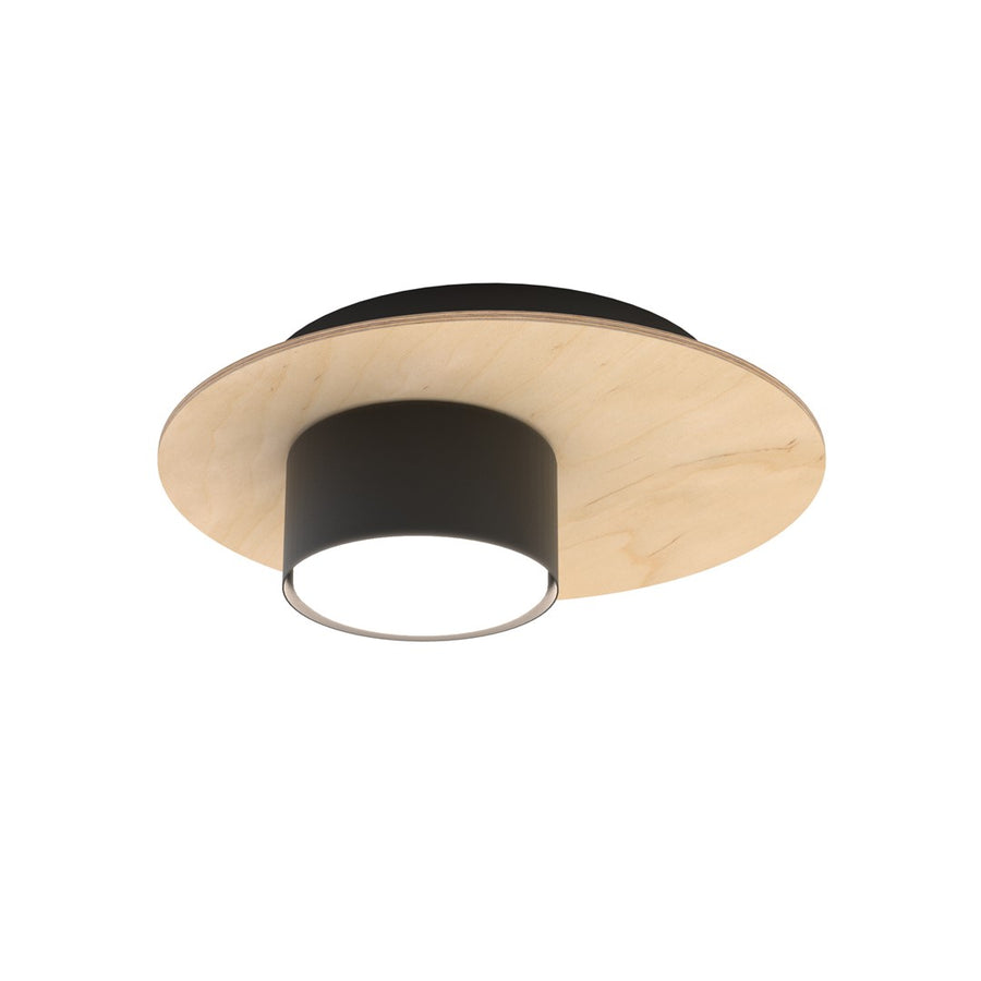 Plafonnier rond vu de dessous, disque bois clair et cylindre noir ouvert.