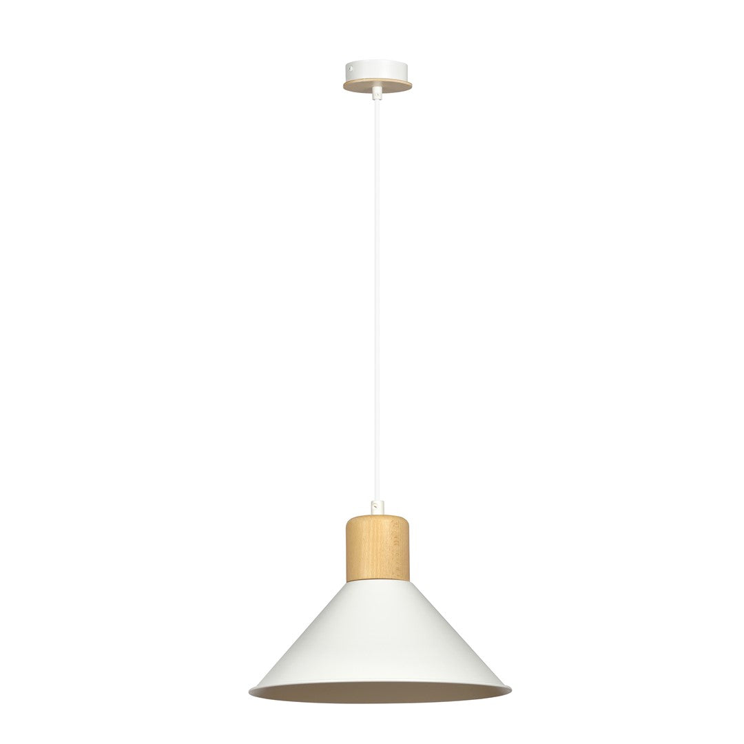 Suspension blanche de face avec câble et rosace, abat-jour conique et douille en bois clair.