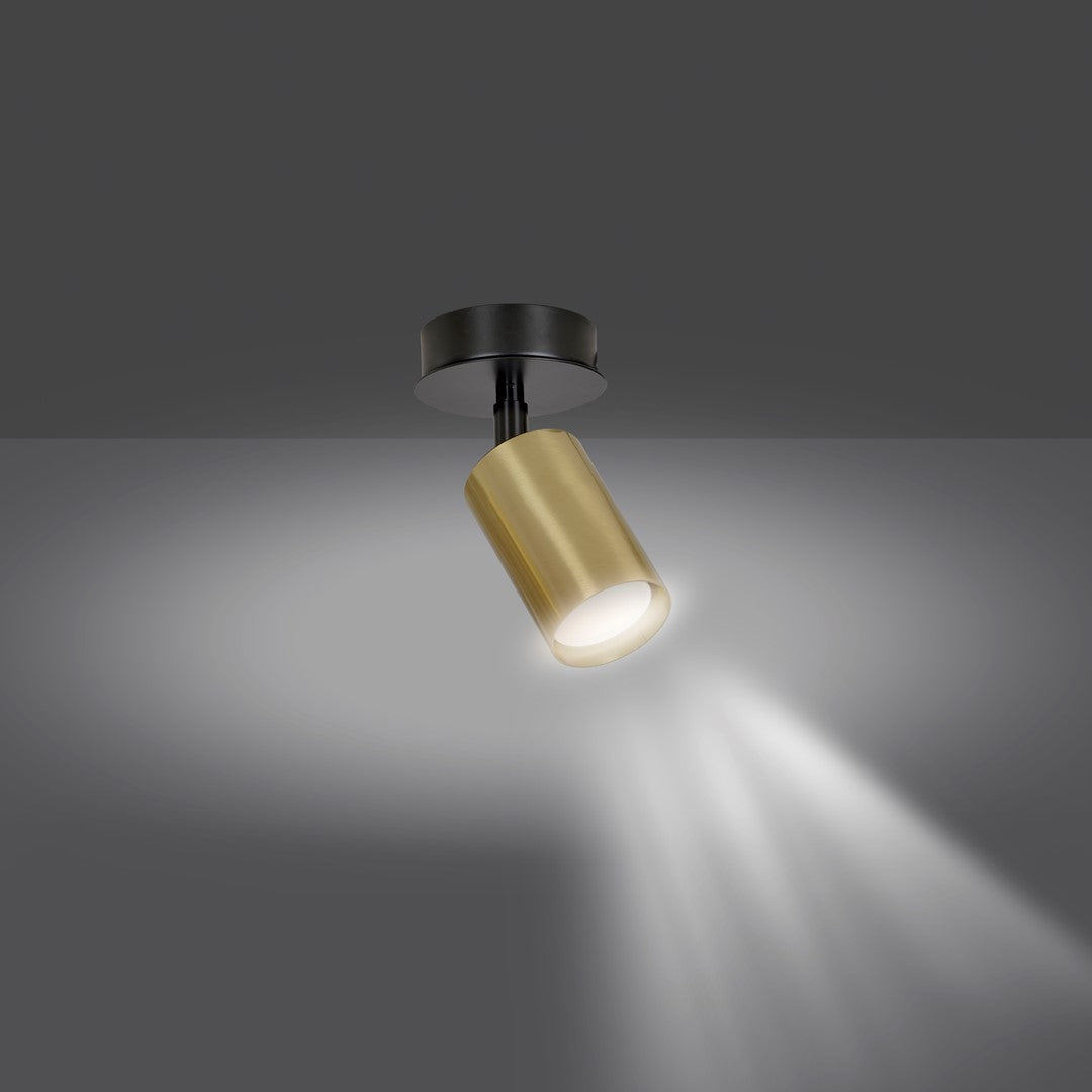 Mise en ambiance sur plafond sombre avec faisceau lumineux blanc du spot doré.