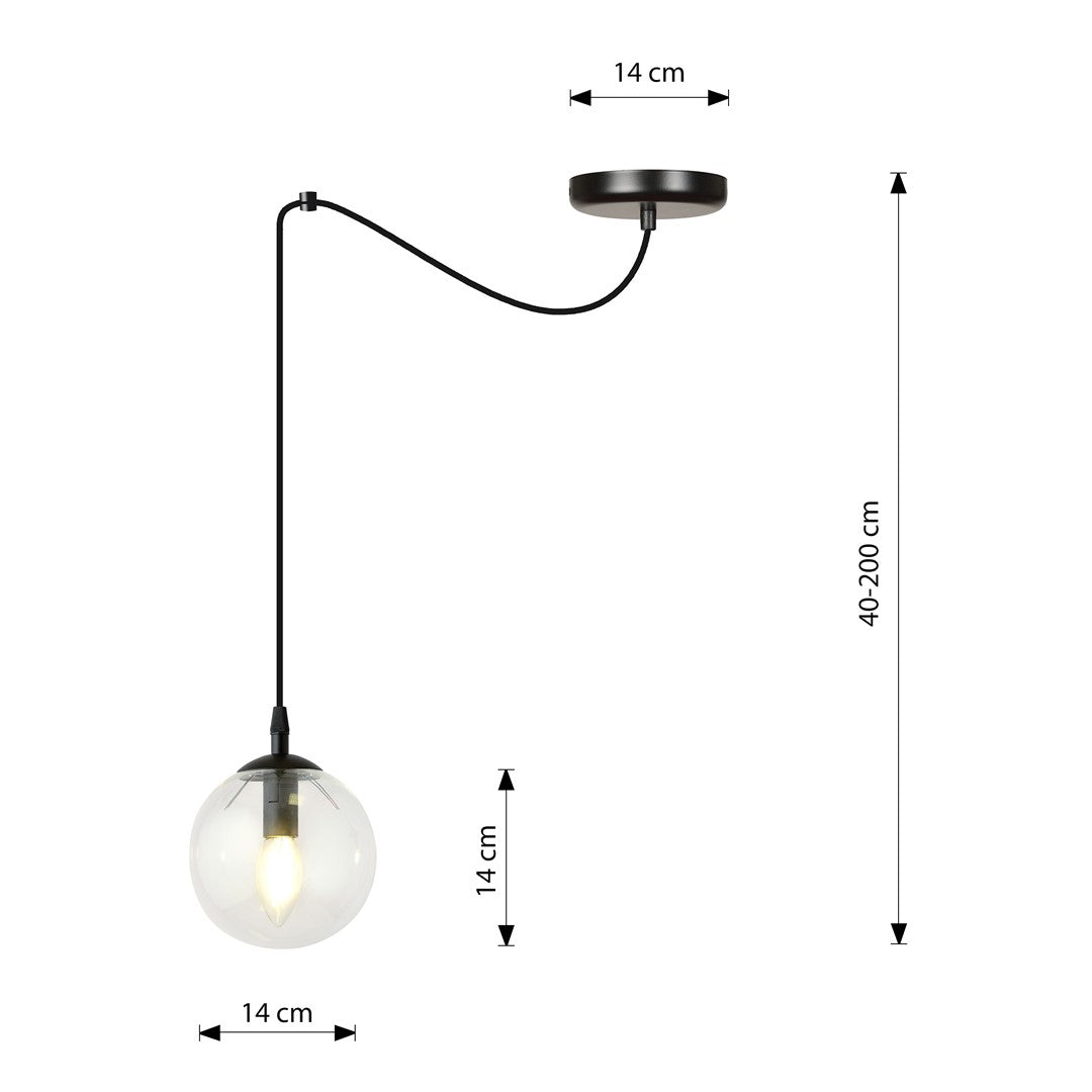 Schéma de dimensions du luminaire suspendu, hauteur réglable et diamètre du globe.