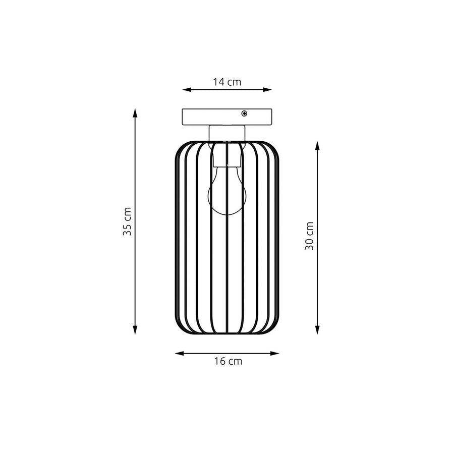 Schéma technique coté du luminaire avec hauteur, diamètre et base indiqués