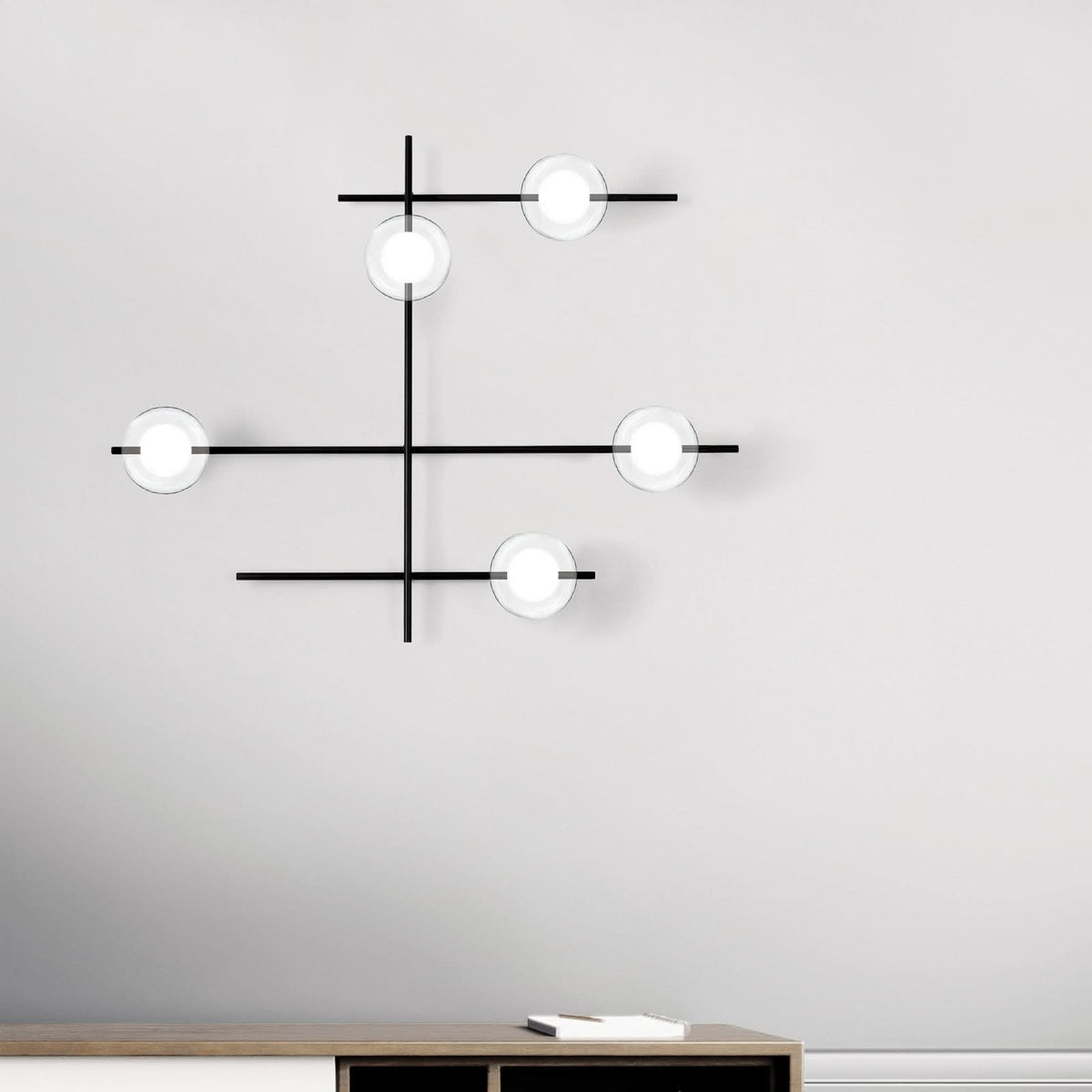 Applique murale Mikado en verre, noir et transparent, 5 lumières