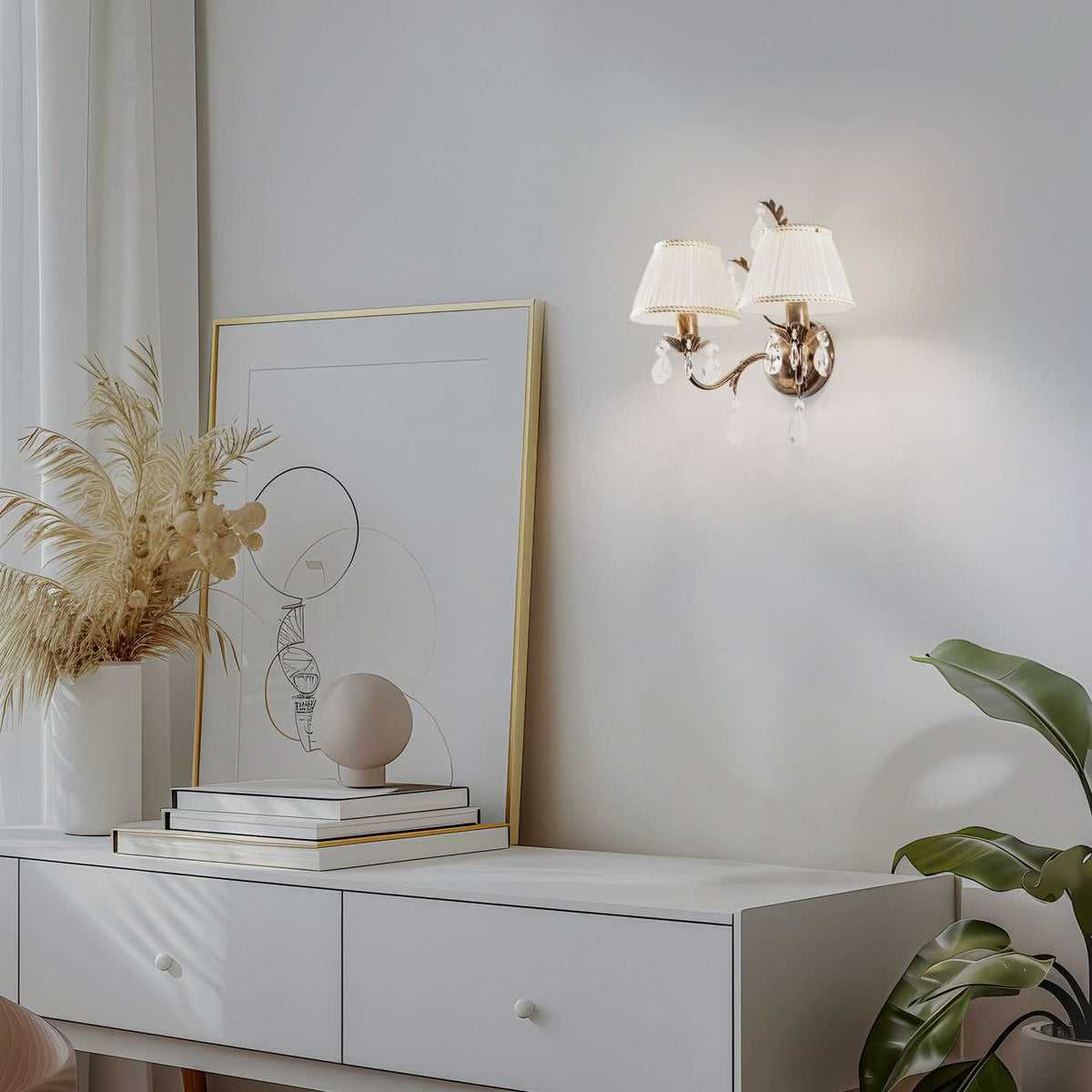 Applique murale Karen en tissu, bronze et blanc, 2 lumières, hauteur 30 cm