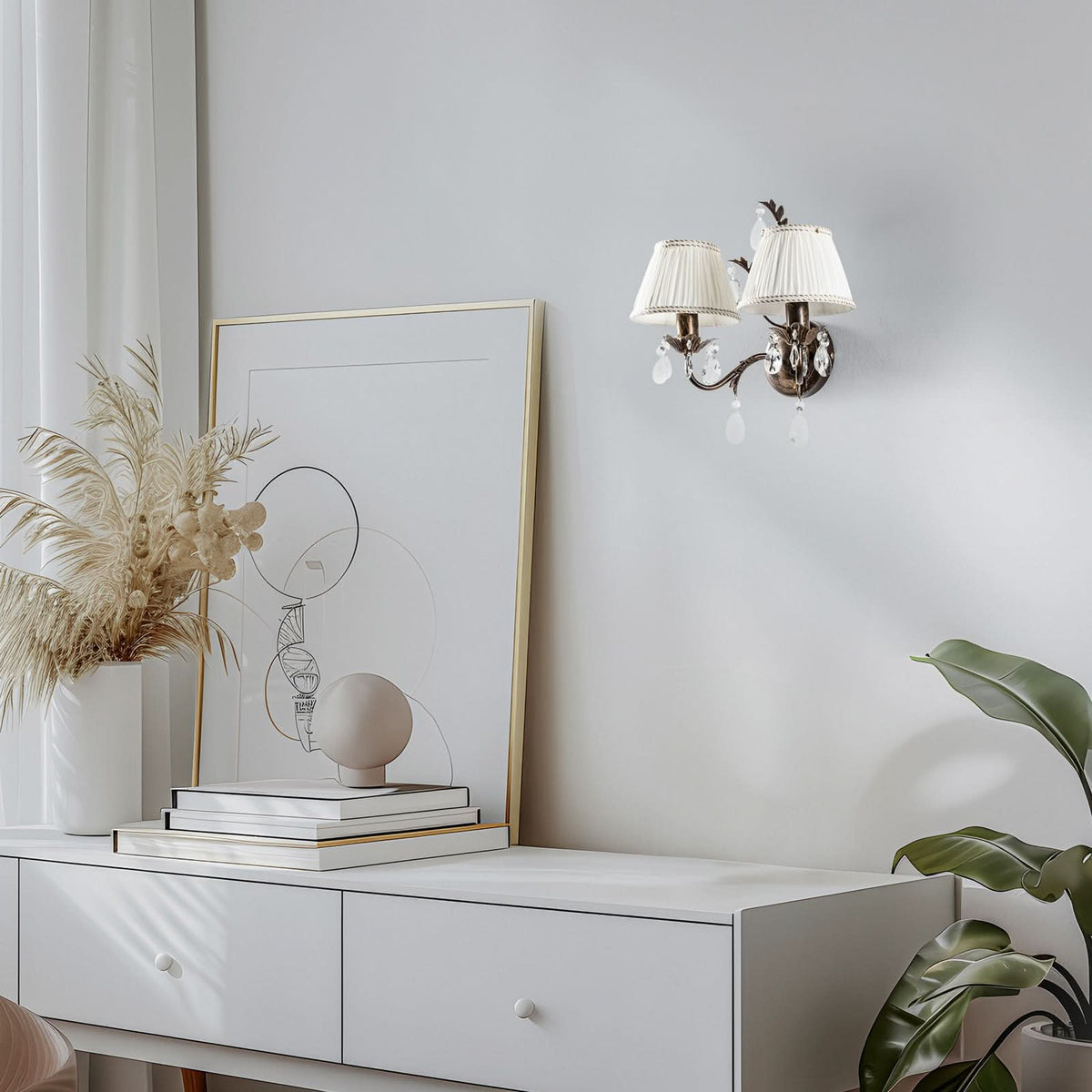 Applique murale Karen en tissu, bronze et blanc, 2 lumières, hauteur 30 cm