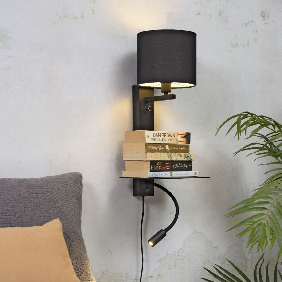 Applique murale Florence en tissu, noir, 2 lumières, hauteur 52 cm