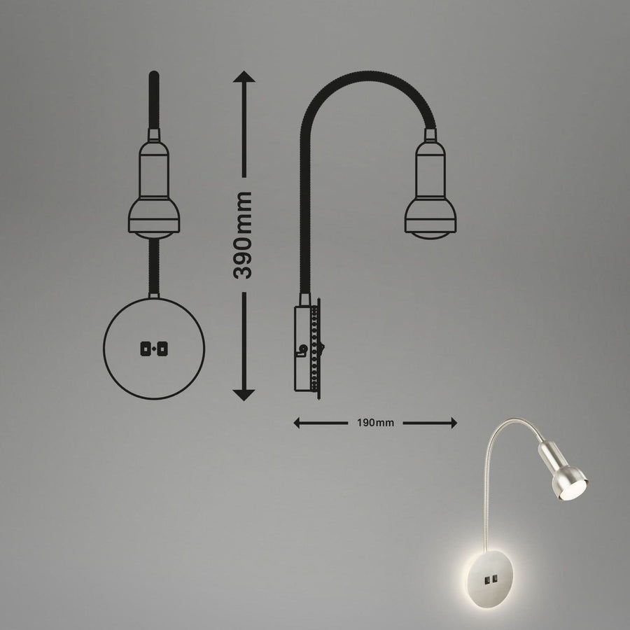 Applique murale 2178012 Double-Switch en métal, nickel mat, 2 lumières, hauteur 39 cm