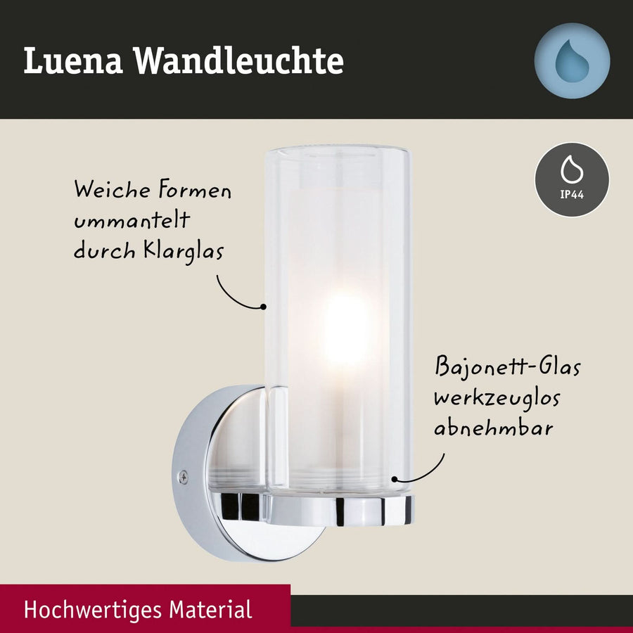 Applique murale Luena IP44 en verre, chromé et transparent, Ø 10 cm, IP44