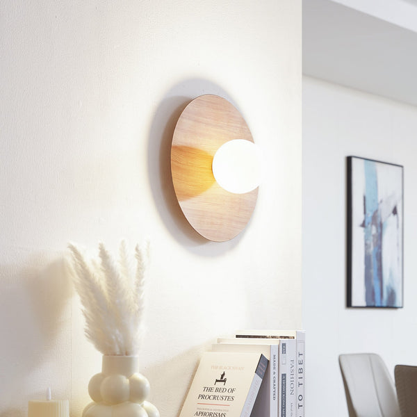 Applique murale Zain en verre, bois et blanc, Ø 33 cm
