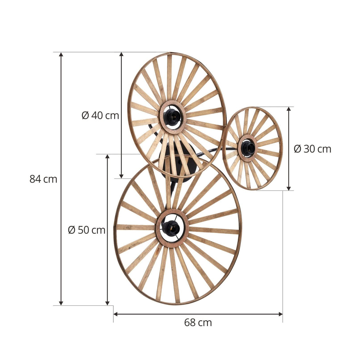 Applique murale Evandor en bambou, bois et noir, 3 lumières, hauteur 24,5 cm