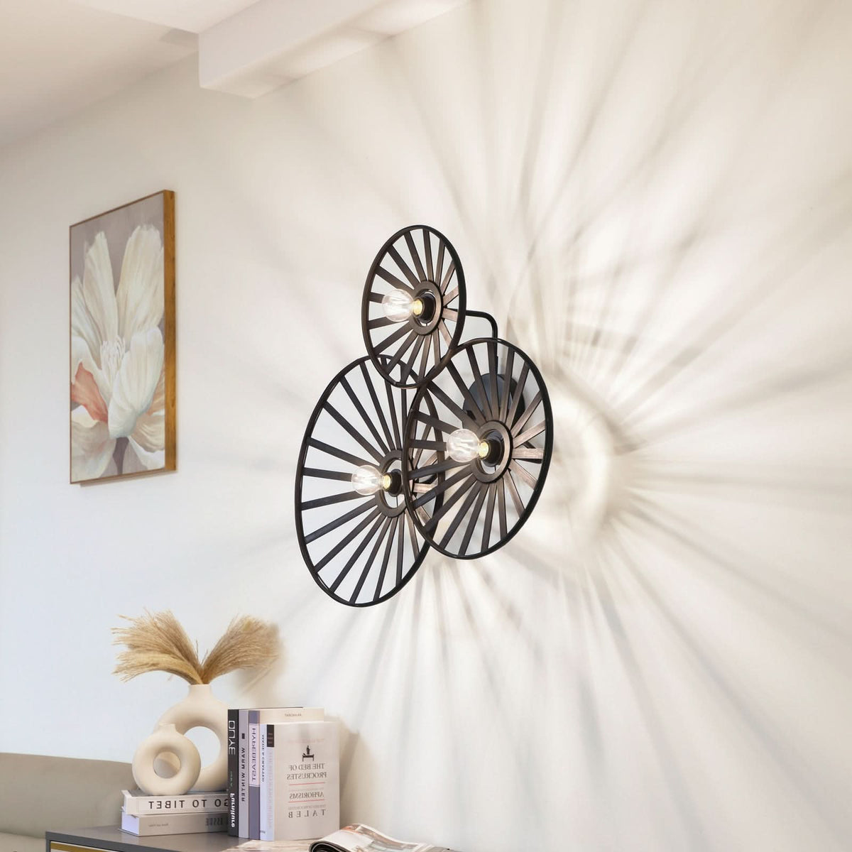Applique murale Evandor en bambou, noir, 3 lumières, hauteur 24,5 cm