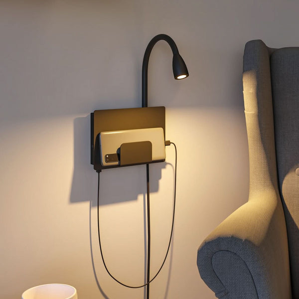 Applique murale LED Halina USB en métal, noir mat, hauteur 25,6 cm