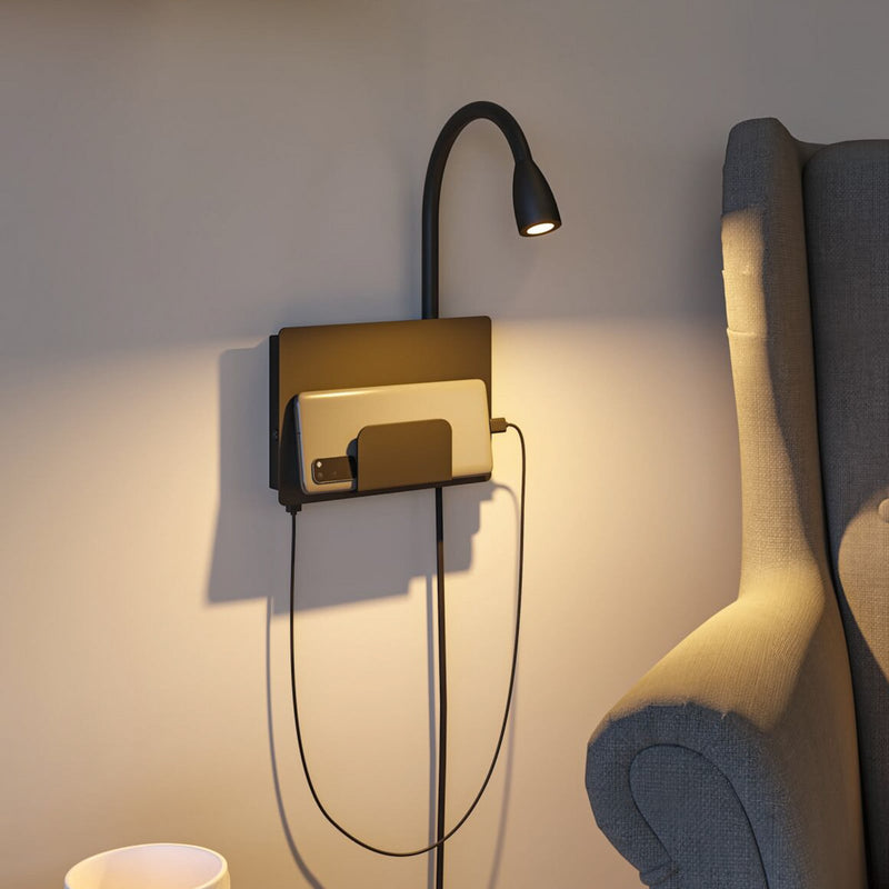 Applique murale LED Halina USB en métal, noir mat, hauteur 25,6 cm
