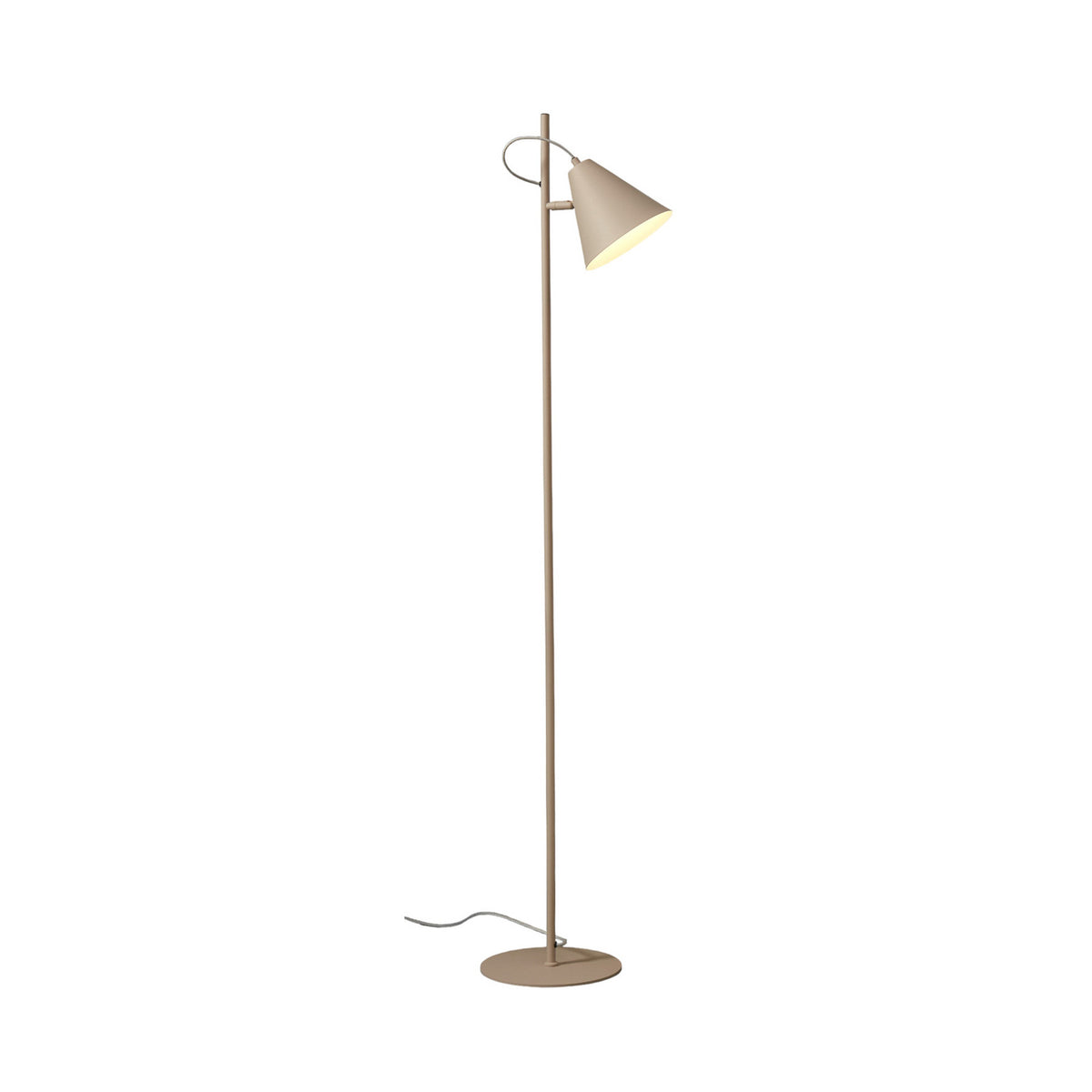 Lampadaire en métal couleur sable avec abat-jour conique et base ronde.