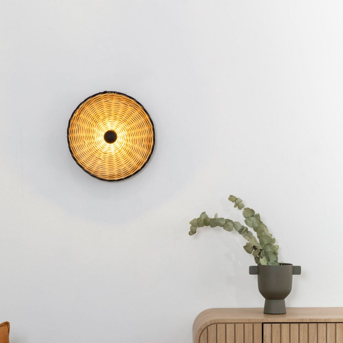 Applique murale Costas en rotin, bois, Ø 40 cm