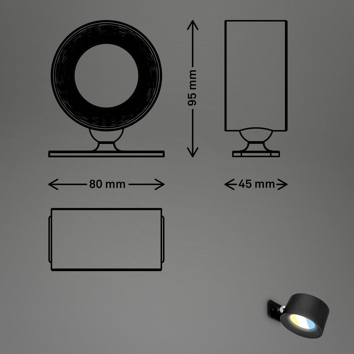 Applique murale LED rechargeable Tari, noir, hauteur 4,5 cm