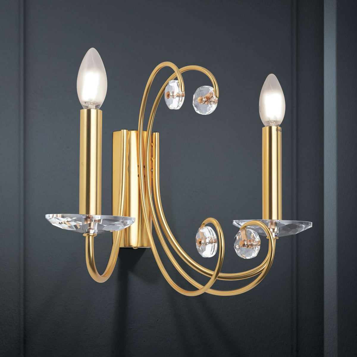 Applique murale Ariane en cristal, doré et transparent, 2 lumières, hauteur 29 cm